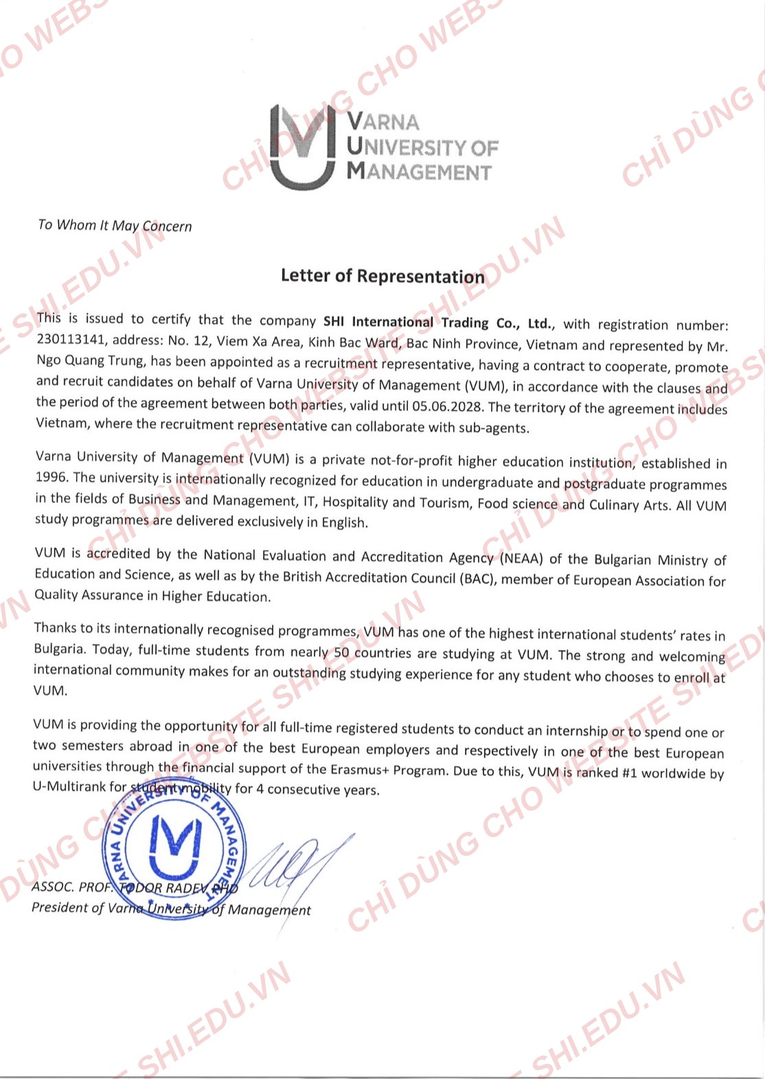Letter of Representation from Varna University of Management to SHI Global